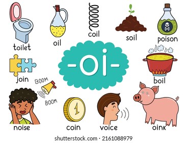 Oi Digraph Spelling Rule Educational Poster For Kids With Words. Learning -oi- Phonics  For School And Preschool. Phonetic Worksheet. Vector Illustration