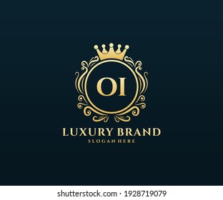 OI Initial Letter, Gold text with feminine floral hand drawn heraldic monogram, Antique vintage style luxury logo design.