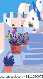 Oia Santorini Greece whitewashed buildings blue stairs potted flowers Mediterranean architecture summer travel scenic street pastel colors