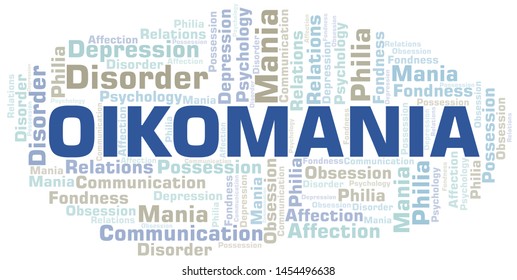 Oikomania word cloud. Type of mania, made with text only.