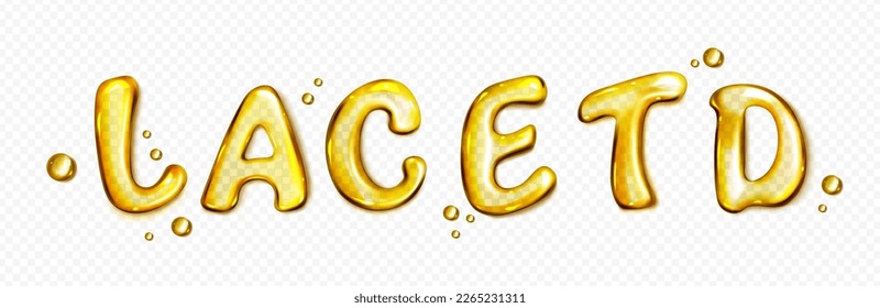 Oil alphabet with jelly letter and drop. Liquid text vector with splash flow. Glossy honey typography concept isolated on transparent background. Macro beer typeset illustration with bright splatter.