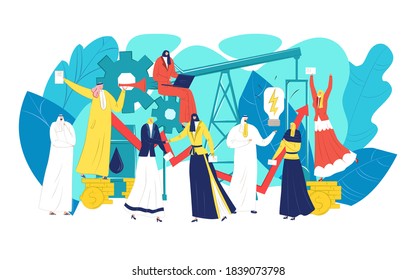 Oil arab business concept, vector illustration. Arabic businessman woman character at flat saudi, success people at industry. Work meeting with traditional man person about cartoon money finance.