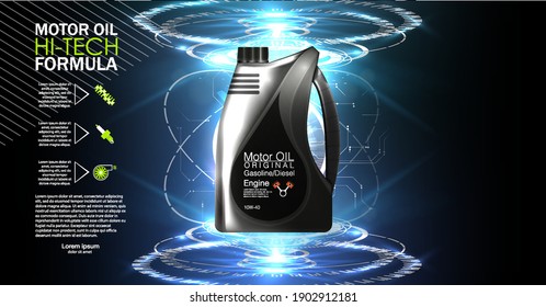 oil background, vector illustration Bottle engine oil Canister of engine motor oil, full synthetic clinging molecules protection. Vector illustration with realistic canister and motor oil splashes