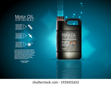 oil background, vector illustration Bottle engine oil Canister of engine motor oil, full synthetic clinging molecules protection. Vector illustration with realistic canister and motor oil splashes