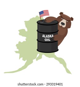 Oil Barrel Alaska map background. Flag of  United States. Bear keeps paws a barrel. Vector illustration.
