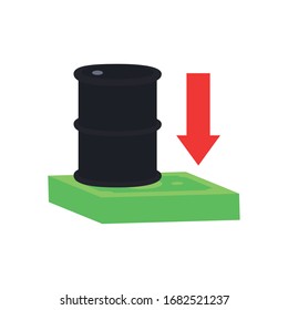 oil barrel and arrow down icon over white background, flat style, the oil crash concept design, vector illustration