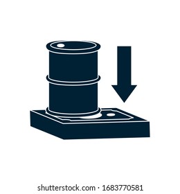 barril de aceite e icono de flecha hacia abajo sobre fondo blanco, estilo de silueta, diseño de concepto de choque de aceite, ilustración vectorial