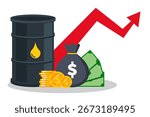 Oil barrel with arrow rising up and dollar money bag. Oil price vector illustration.