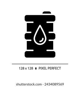 Oil barrel black glyph icon. Drum container. Energy resource. Bulk cargo. Fuel consumption. Petrochemical industry. Silhouette symbol on white space. Solid pictogram. Vector isolated illustration