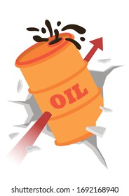 Oil barrel breaking though the wall with a rising arrow. Vector illustration.