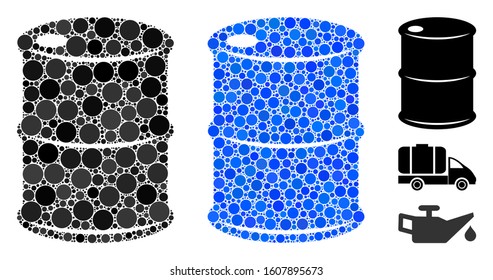 Oil barrel composition of small circles in variable sizes and color tints, based on oil barrel icon. Vector circle elements are combined into blue composition.