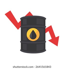 Oil Barrel with Downward Red Arrow Symbolizing Decrease in Oil Prices or Economic Decline on White Background