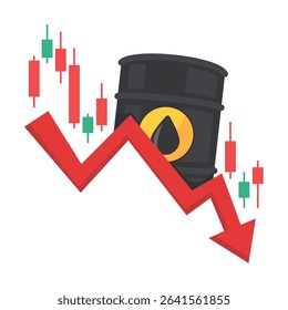 Oil Barrel with Downward Trend Arrow and Stock Market Candlestick Chart Illustrating Economic Decline