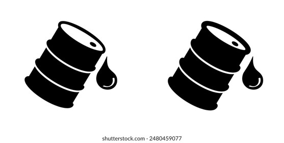 Barril de petróleo y caída. Barriles de combustible. Tambor de aceite o logotipo de los tambores de petróleo.  Icono del medio ambiente. Fuga de barril. Cañón con etiquetas. Reservas de petróleo, concepto de la industria. Combustible, barril de combustible o gasolinera. Logotipo de gotita