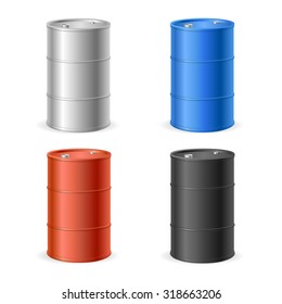 Oil Barrel Drum Collection. Four Colored Steel Barrels. Vector illustration