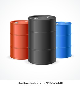 Oil Barrel Drum. Three Colorful Steel Barrels. Vector illustration