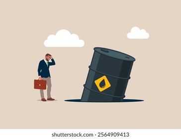 The oil barrel fell into a pit. Danger. Oil price falls down. Low demand. Sale of petroleum products and fuels. Oil price crisis, risk from energy or oil company stock. Flat vector illustration 