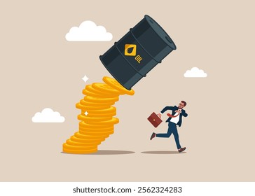 The oil barrel fell from a pile of coins. Businessman fleeing a falling oil tank. Freeze energy prices. Modern vector illustration in flat style