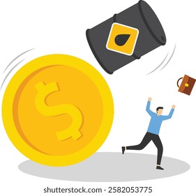 The oil barrel fell from a pile of coins. Businessman fleeing a falling oil tank. Freeze energy prices. Modern vector illustration in flat style

