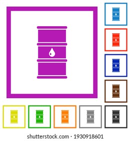 Oil barrel flat color icons in square frames on white background