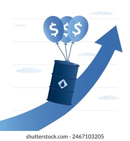 Ölfass, das auf Ballonen nach oben schwimmt. Steigende Energie-Preise. Energiekrise, Treibstoffmangel, Probleme beim Kauf von Öl und Gas. Steigende Aktienkurve. flache Vektorillustration