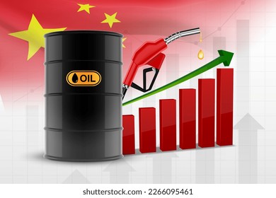 Oil barrel and fuel pump with chart of the oil index on background with China flag. EPS10 vector