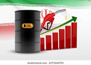 Oil barrel with fuel pupm and chart with flag of Iran. Oil industry concept. EPS10 vector