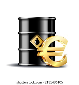 Oil barrel and gold euro currency sign isolated on white background. Vector icon