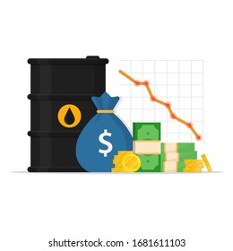 oil barrel and graph. oil market drop. oil price. price reduction. barrel and money. vector illustration isolated on white background.10 eps.
