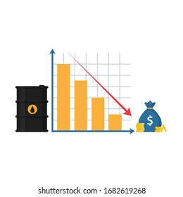 oil barrel and graph. oil market drop. oil price. price reduction. barrel and money. vector illustration isolated on white background.10 eps.