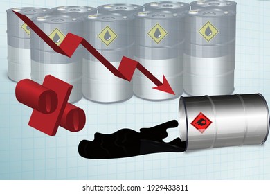 Gráfico de barriles de petróleo con flecha roja apuntando hacia abajo. Ilustración vectorial.
