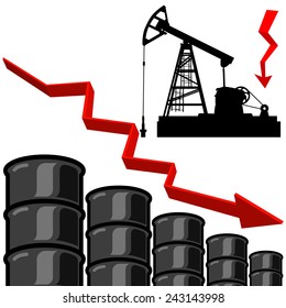 Oil barrel graph with red arrow pointing down. Vector illustration.