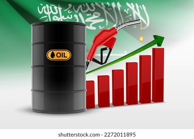 Oil barrel with growth chart and fuel pump on background with Saudi Arabia flag. Oil industry concept. EPS10 vector