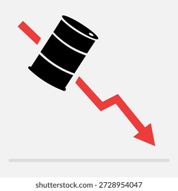 Ícone de barril de petróleo caindo em uma linha de gráfico vermelha tendendo para baixo, simbolizando queda de preço