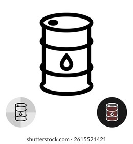 Oil barrel icon perspective view made in a simple black outline style with drop symbol on a side. Editable stroke.