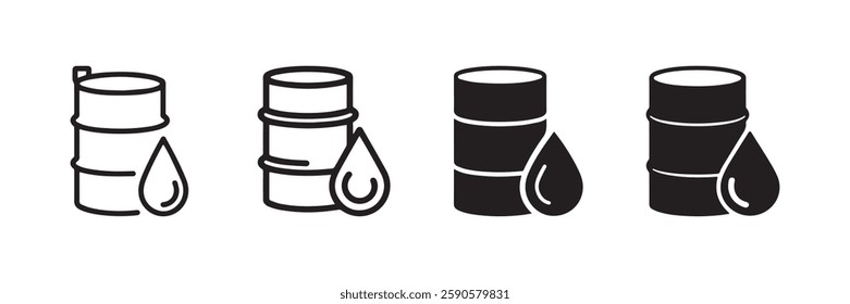 Oil barrel icon set featuring black and white variations with a fuel drop perfect for petroleum industry energy sector fuel storage and oil related projects