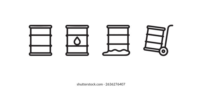 Oil barrel icon set: liquid, solid, and transportation graphics.