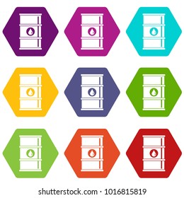 Oil barrel icon set many color hexahedron isolated on white vector illustration
