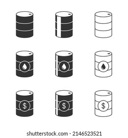 Oil barrel icon set. Barrel with oil sign, and dollar symbol. Flat vector illustartion.