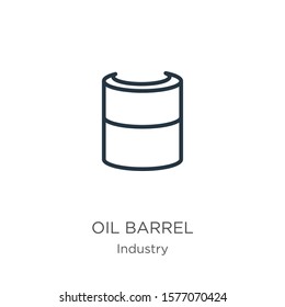 Oil barrel icon. Thin linear oil barrel outline icon isolated on white background from industry collection. Line vector sign, symbol for web and mobile