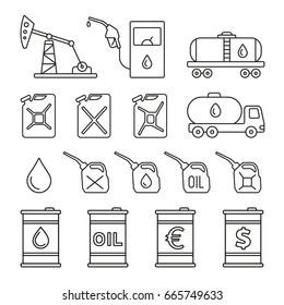 Oil barrel icons: thin monochrome icon set, black and white kit