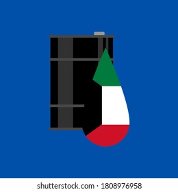 barril de petróleo y bandera kuwait sobre fondo azul