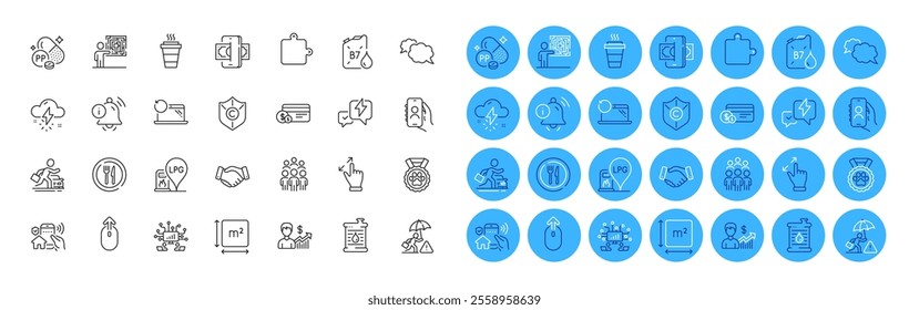 Oil barrel, Messenger and Recovery laptop line icons pack. Information bell, Group people, House security web icon. Takeaway, Copyright protection, Touchscreen gesture pictogram. Vector