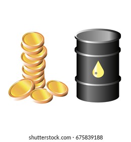 Oil barrel. Money in coins. Vector illustration. 
