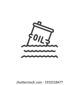 Oil barrel in ocean line icon. linear style sign for mobile concept and web design. Chemical waste water pollution outline vector icon. Symbol, logo illustration. Vector graphics