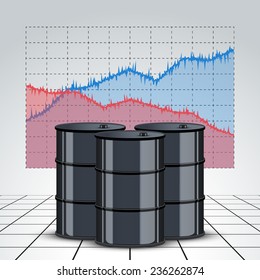 Oil barrel on the background graphics prices. The rise in price and cheaper petroleum. Vector Illustration.