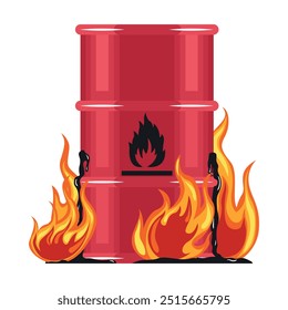 Barril de petróleo em chamas. Fogo proveniente de materiais inflamáveis. Perigo de incêndio, explosão, libertação de gases tóxicos e potencial para derrames. Acidente industrial devido a manuseio inadequado de materiais inflamáveis