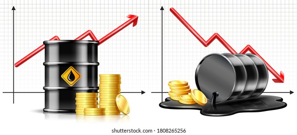 El precio del barril de petróleo cae a la baja y Keg está tirado en un charco de petróleo crudo derramado. Gráfico de alzas de precios y tambor de aceite negro. La crisis de la industria petrolera o el concepto de aumento de precios. Tendencia del mercado.