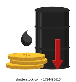 Ölfass mit rotem Pfeil nach unten und Goldmünzen Dollar. Rückgang der Benzinpreise