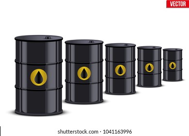 Oil barrel in row. The rise in price and cheaper petroleum. Vector Illustration isolated on white background